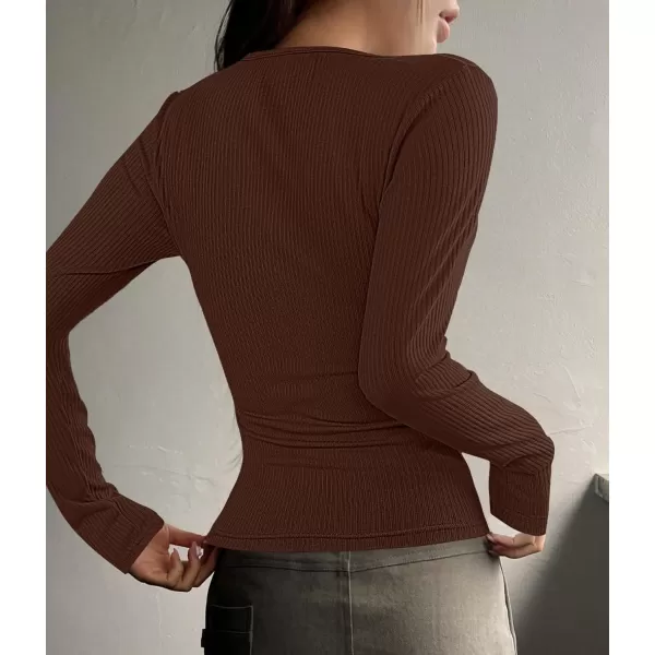 ZESICA Womens Long Sleeve Button Ribbed Shirts 2024 Fall Scoop Neck Casual Henly TopsCoffee