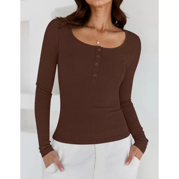 ZESICA Womens Long Sleeve Button Ribbed Shirts 2024 Fall Scoop Neck Casual Henly TopsCoffee