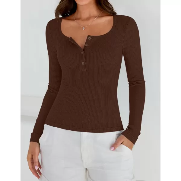 ZESICA Womens Long Sleeve Button Ribbed Shirts 2024 Fall Scoop Neck Casual Henly TopsCoffee