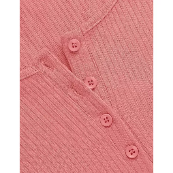 ZESICA Womens Long Sleeve Button Ribbed Shirts 2024 Fall Scoop Neck Casual Henly TopsCoralred