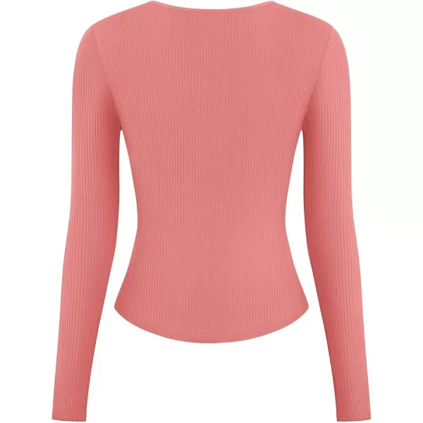 ZESICA Womens Long Sleeve Button Ribbed Shirts 2024 Fall Scoop Neck Casual Henly TopsCoralred