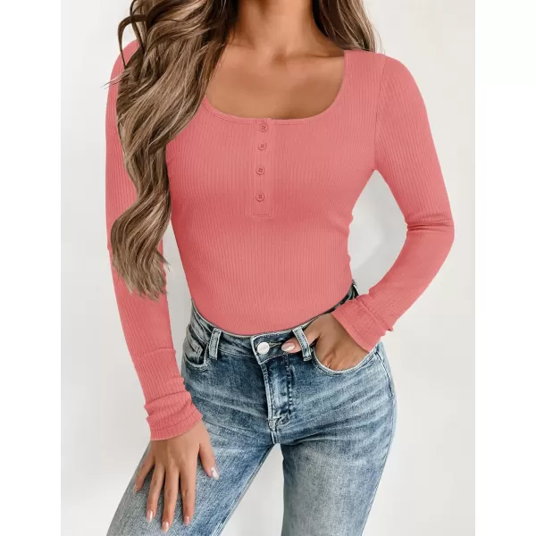 ZESICA Womens Long Sleeve Button Ribbed Shirts 2024 Fall Scoop Neck Casual Henly TopsCoralred
