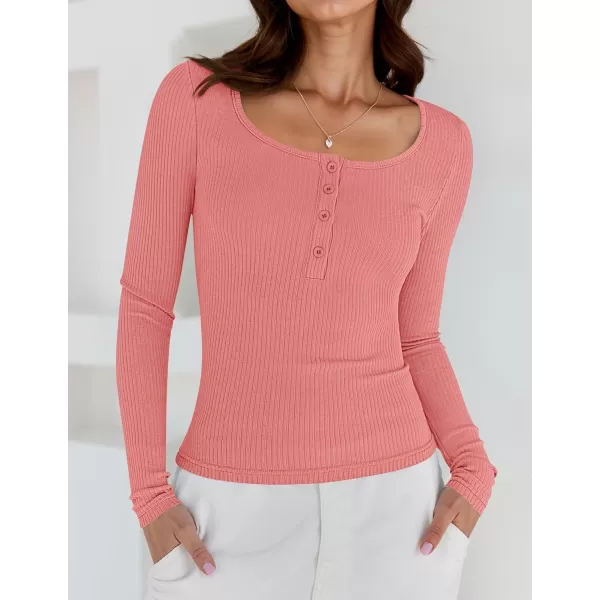 ZESICA Womens Long Sleeve Button Ribbed Shirts 2024 Fall Scoop Neck Casual Henly TopsCoralred