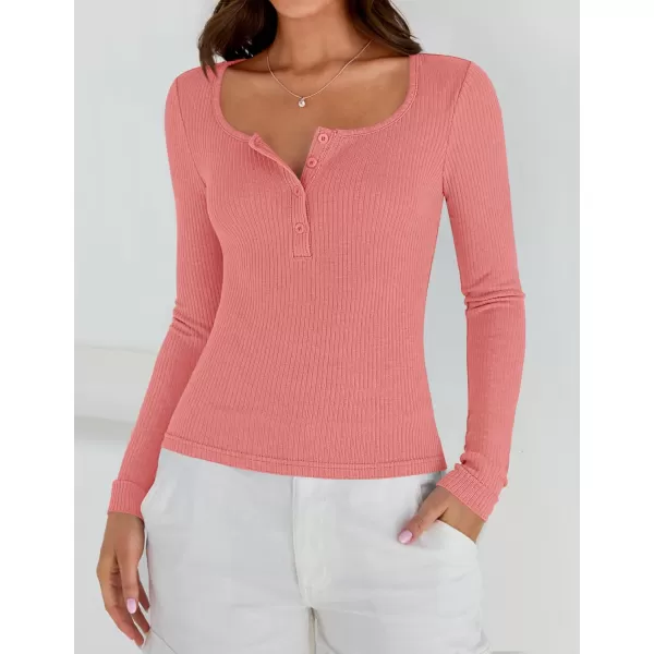 ZESICA Womens Long Sleeve Button Ribbed Shirts 2024 Fall Scoop Neck Casual Henly TopsCoralred