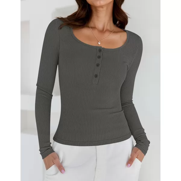 ZESICA Womens Long Sleeve Button Ribbed Shirts 2024 Fall Scoop Neck Casual Henly TopsDarkgrey