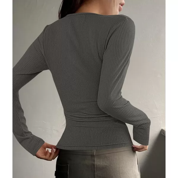 ZESICA Womens Long Sleeve Button Ribbed Shirts 2024 Fall Scoop Neck Casual Henly TopsDarkgrey