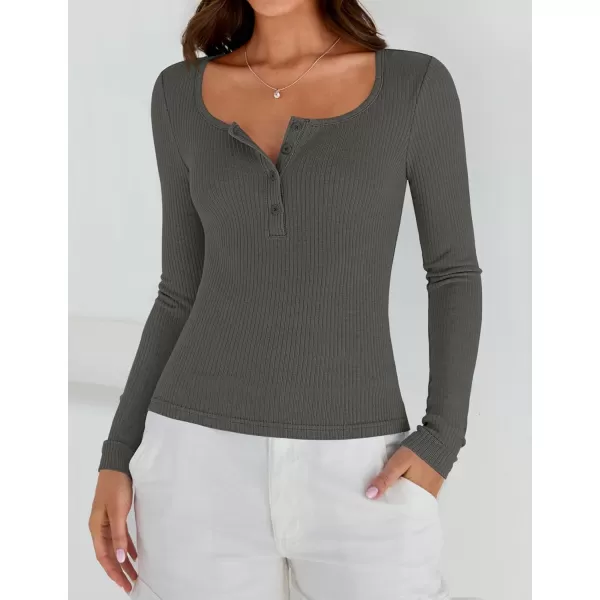 ZESICA Womens Long Sleeve Button Ribbed Shirts 2024 Fall Scoop Neck Casual Henly TopsDarkgrey