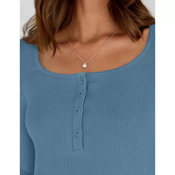 ZESICA Womens Long Sleeve Button Ribbed Shirts 2024 Fall Scoop Neck Casual Henly TopsDustyblue