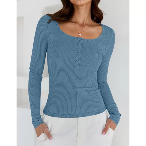 ZESICA Womens Long Sleeve Button Ribbed Shirts 2024 Fall Scoop Neck Casual Henly TopsDustyblue
