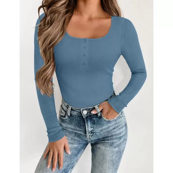ZESICA Womens Long Sleeve Button Ribbed Shirts 2024 Fall Scoop Neck Casual Henly TopsDustyblue