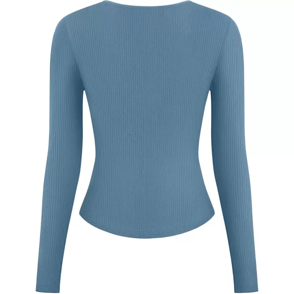 ZESICA Womens Long Sleeve Button Ribbed Shirts 2024 Fall Scoop Neck Casual Henly TopsDustyblue