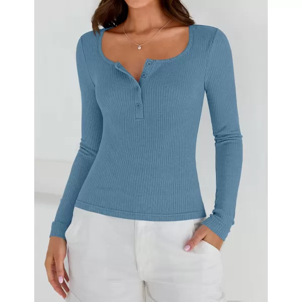 ZESICA Womens Long Sleeve Button Ribbed Shirts 2024 Fall Scoop Neck Casual Henly TopsDustyblue