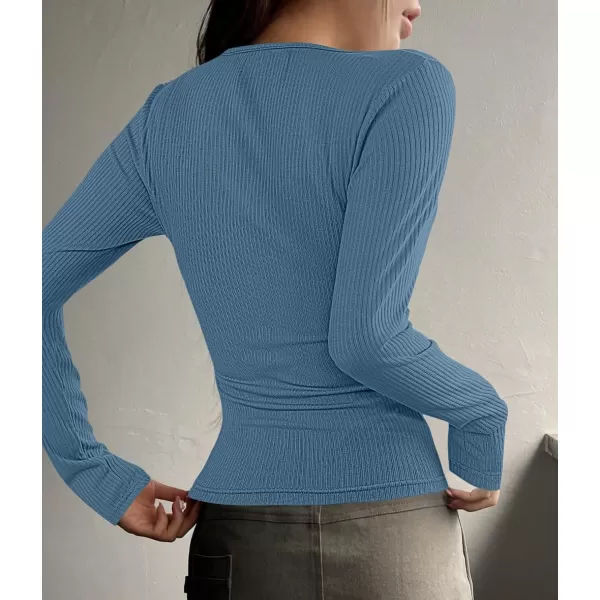 ZESICA Womens Long Sleeve Button Ribbed Shirts 2024 Fall Scoop Neck Casual Henly TopsDustyblue