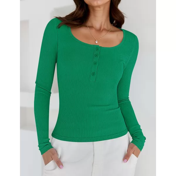 ZESICA Womens Long Sleeve Button Ribbed Shirts 2024 Fall Scoop Neck Casual Henly TopsGreen