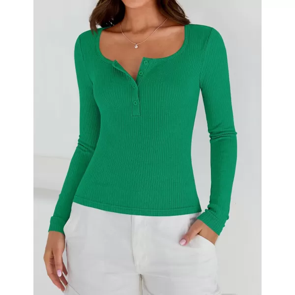 ZESICA Womens Long Sleeve Button Ribbed Shirts 2024 Fall Scoop Neck Casual Henly TopsGreen