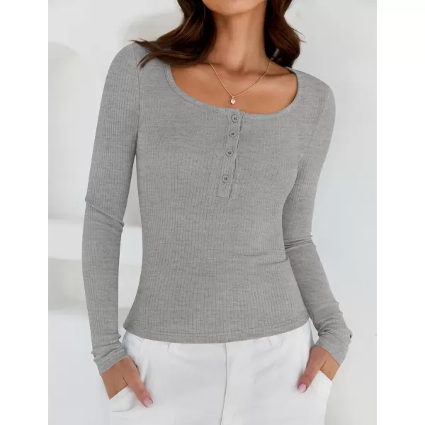 ZESICA Womens Long Sleeve Button Ribbed Shirts 2024 Fall Scoop Neck Casual Henly TopsGrey