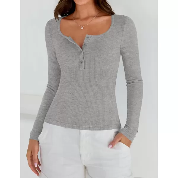 ZESICA Womens Long Sleeve Button Ribbed Shirts 2024 Fall Scoop Neck Casual Henly TopsGrey