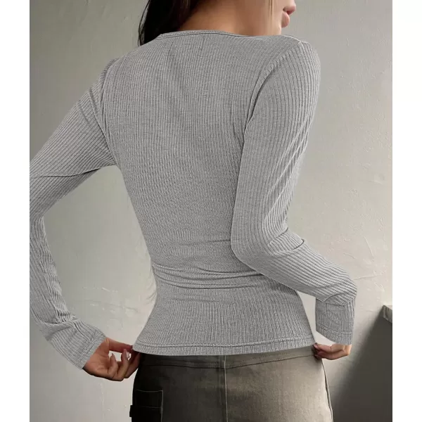 ZESICA Womens Long Sleeve Button Ribbed Shirts 2024 Fall Scoop Neck Casual Henly TopsGrey