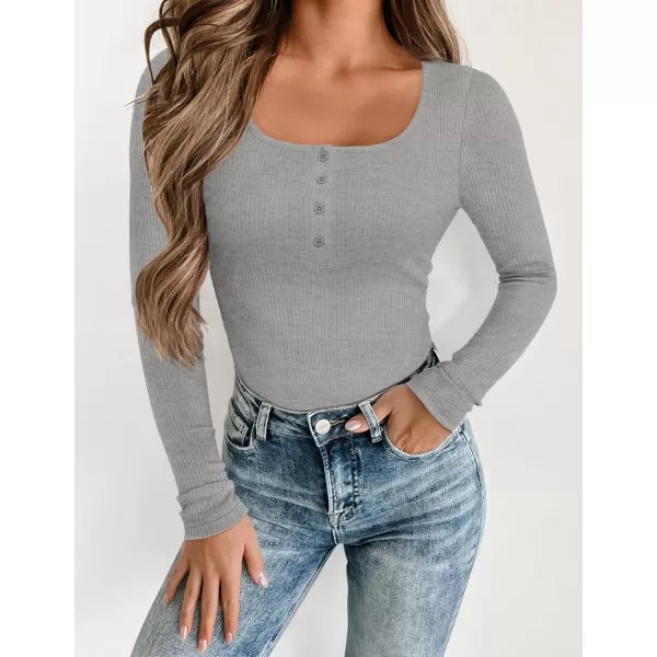 ZESICA Womens Long Sleeve Button Ribbed Shirts 2024 Fall Scoop Neck Casual Henly TopsGrey
