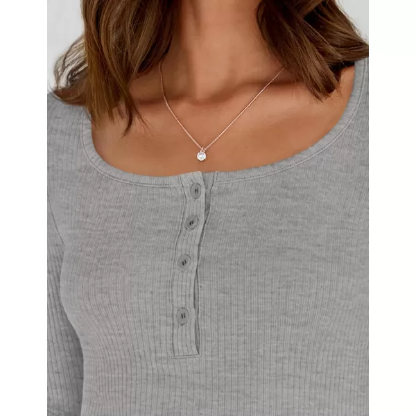 ZESICA Womens Long Sleeve Button Ribbed Shirts 2024 Fall Scoop Neck Casual Henly TopsGrey