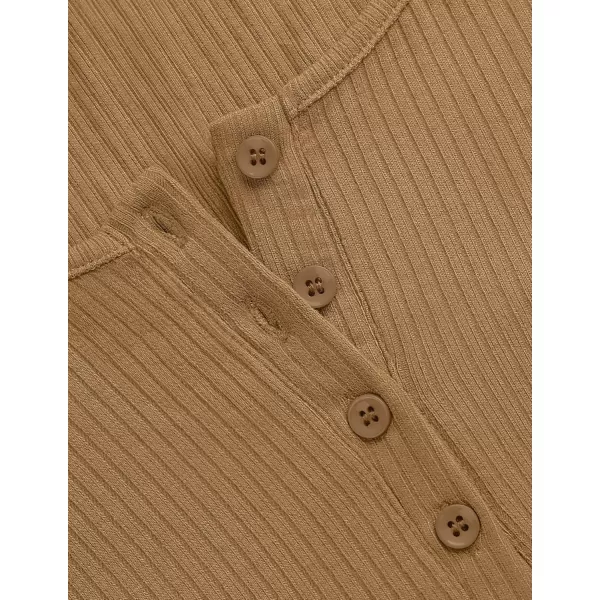 ZESICA Womens Long Sleeve Button Ribbed Shirts 2024 Fall Scoop Neck Casual Henly TopsKhaki