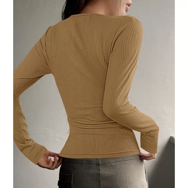 ZESICA Womens Long Sleeve Button Ribbed Shirts 2024 Fall Scoop Neck Casual Henly TopsKhaki