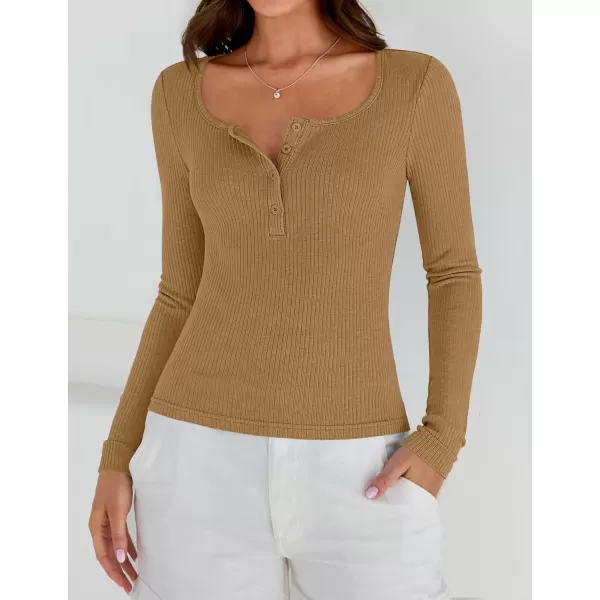 ZESICA Womens Long Sleeve Button Ribbed Shirts 2024 Fall Scoop Neck Casual Henly TopsKhaki