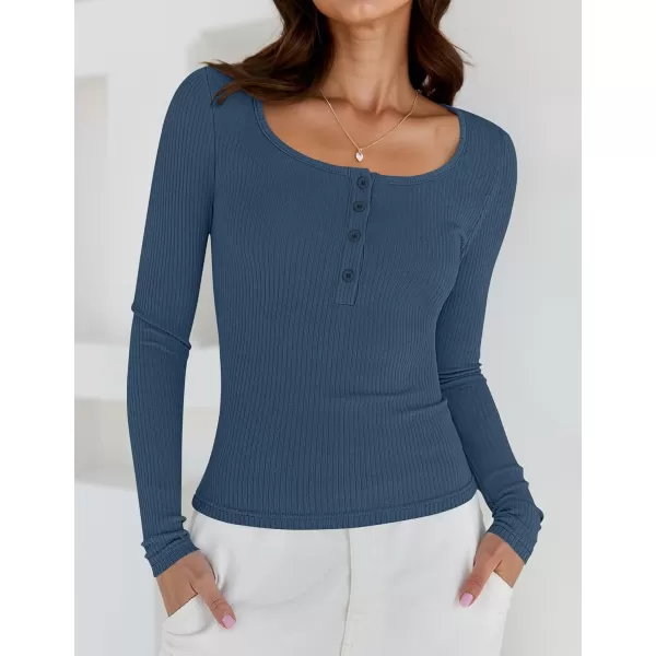 ZESICA Womens Long Sleeve Button Ribbed Shirts 2024 Fall Scoop Neck Casual Henly TopsNavy