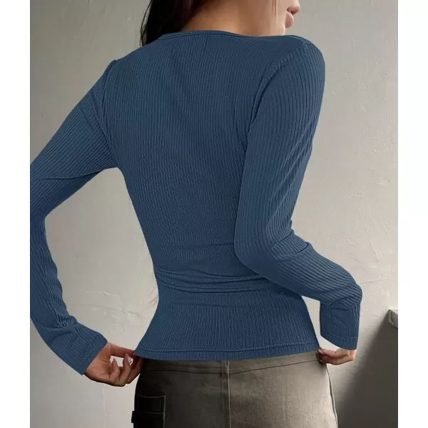 ZESICA Womens Long Sleeve Button Ribbed Shirts 2024 Fall Scoop Neck Casual Henly TopsNavy