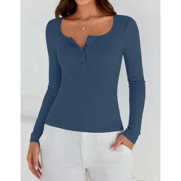 ZESICA Womens Long Sleeve Button Ribbed Shirts 2024 Fall Scoop Neck Casual Henly TopsNavy