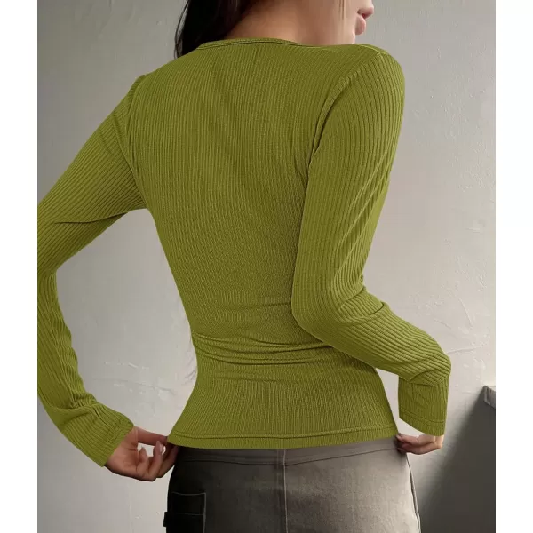 ZESICA Womens Long Sleeve Button Ribbed Shirts 2024 Fall Scoop Neck Casual Henly TopsOlive