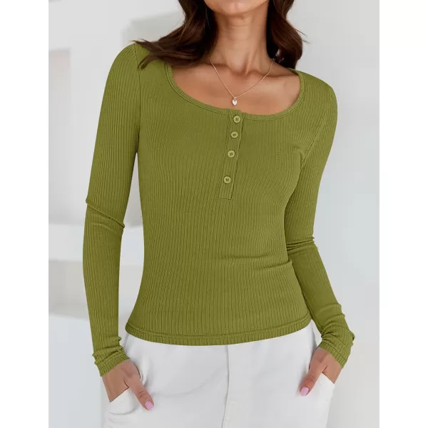 ZESICA Womens Long Sleeve Button Ribbed Shirts 2024 Fall Scoop Neck Casual Henly TopsOlive