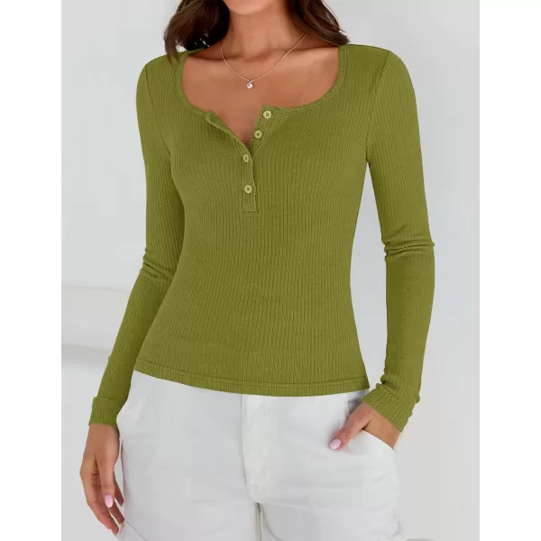 ZESICA Womens Long Sleeve Button Ribbed Shirts 2024 Fall Scoop Neck Casual Henly TopsOlive