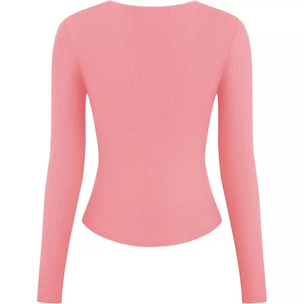 ZESICA Womens Long Sleeve Button Ribbed Shirts 2024 Fall Scoop Neck Casual Henly TopsPink
