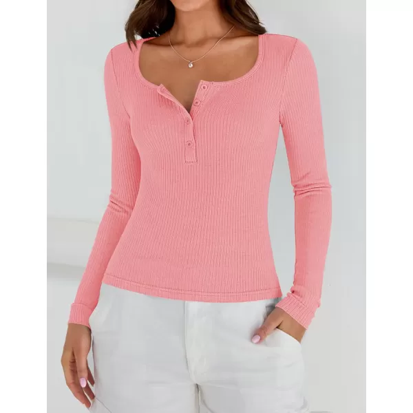 ZESICA Womens Long Sleeve Button Ribbed Shirts 2024 Fall Scoop Neck Casual Henly TopsPink