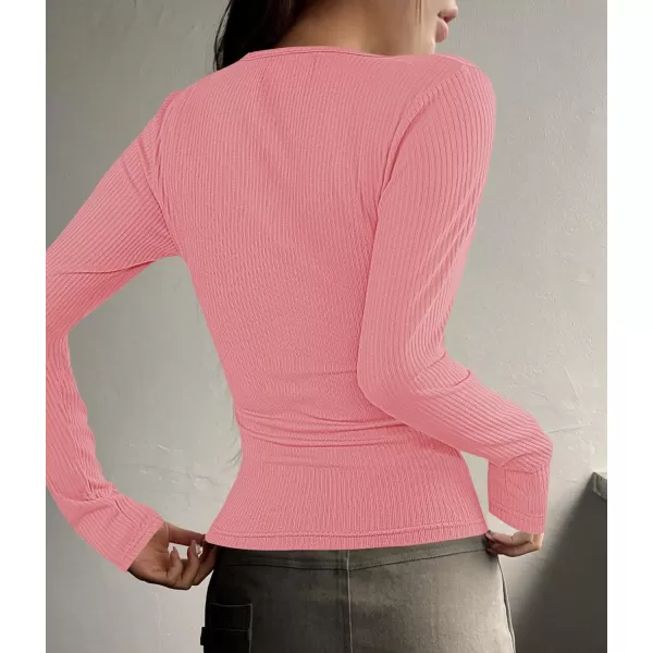 ZESICA Womens Long Sleeve Button Ribbed Shirts 2024 Fall Scoop Neck Casual Henly TopsPink