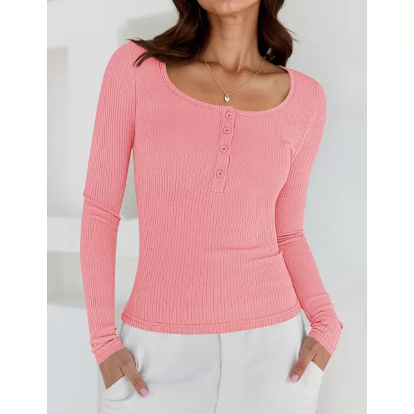 ZESICA Womens Long Sleeve Button Ribbed Shirts 2024 Fall Scoop Neck Casual Henly TopsPink