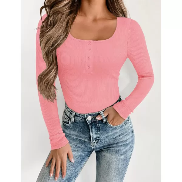 ZESICA Womens Long Sleeve Button Ribbed Shirts 2024 Fall Scoop Neck Casual Henly TopsPink