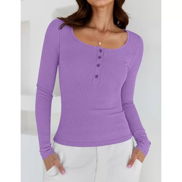 ZESICA Womens Long Sleeve Button Ribbed Shirts 2024 Fall Scoop Neck Casual Henly TopsPurple