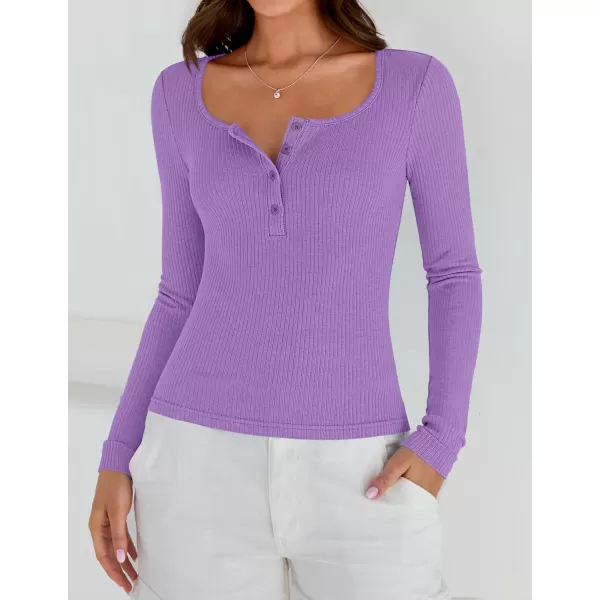 ZESICA Womens Long Sleeve Button Ribbed Shirts 2024 Fall Scoop Neck Casual Henly TopsPurple