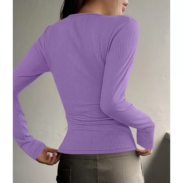 ZESICA Womens Long Sleeve Button Ribbed Shirts 2024 Fall Scoop Neck Casual Henly TopsPurple