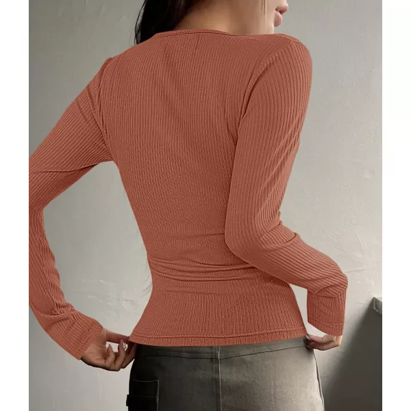 ZESICA Womens Long Sleeve Button Ribbed Shirts 2024 Fall Scoop Neck Casual Henly TopsRust