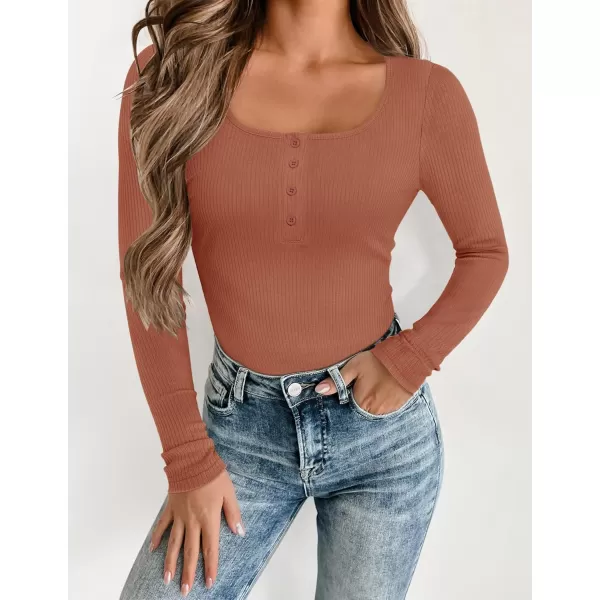 ZESICA Womens Long Sleeve Button Ribbed Shirts 2024 Fall Scoop Neck Casual Henly TopsRust