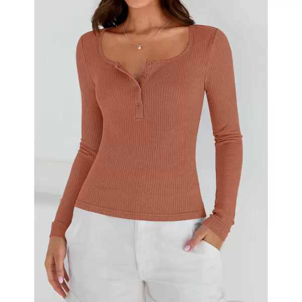 ZESICA Womens Long Sleeve Button Ribbed Shirts 2024 Fall Scoop Neck Casual Henly TopsRust
