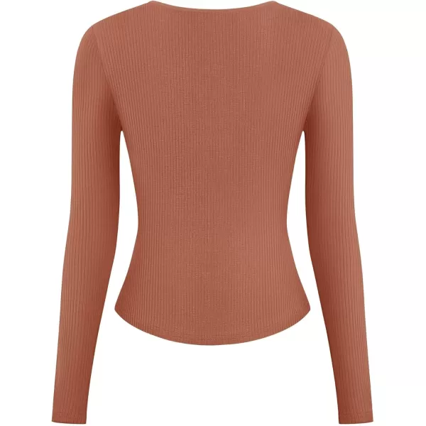 ZESICA Womens Long Sleeve Button Ribbed Shirts 2024 Fall Scoop Neck Casual Henly TopsRust