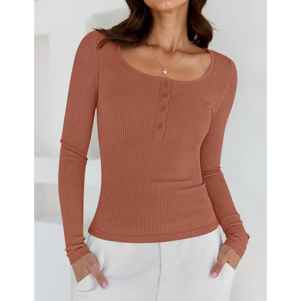 ZESICA Womens Long Sleeve Button Ribbed Shirts 2024 Fall Scoop Neck Casual Henly TopsRust