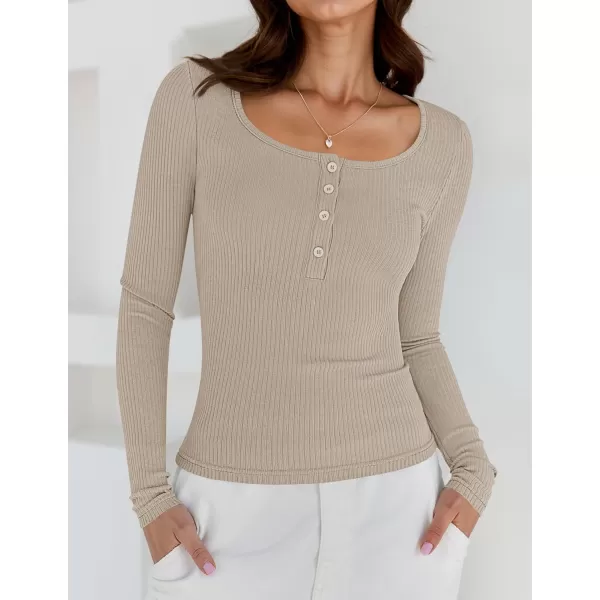 ZESICA Womens Long Sleeve Button Ribbed Shirts 2024 Fall Scoop Neck Casual Henly TopsSand