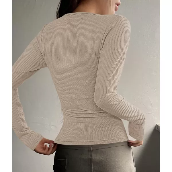 ZESICA Womens Long Sleeve Button Ribbed Shirts 2024 Fall Scoop Neck Casual Henly TopsSand