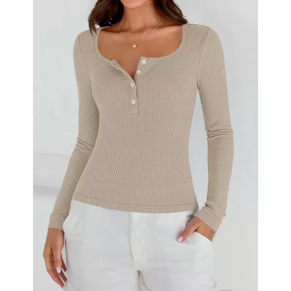 ZESICA Womens Long Sleeve Button Ribbed Shirts 2024 Fall Scoop Neck Casual Henly TopsSand