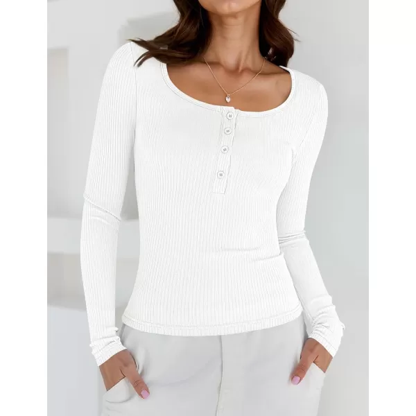 ZESICA Womens Long Sleeve Button Ribbed Shirts 2024 Fall Scoop Neck Casual Henly TopsWhite